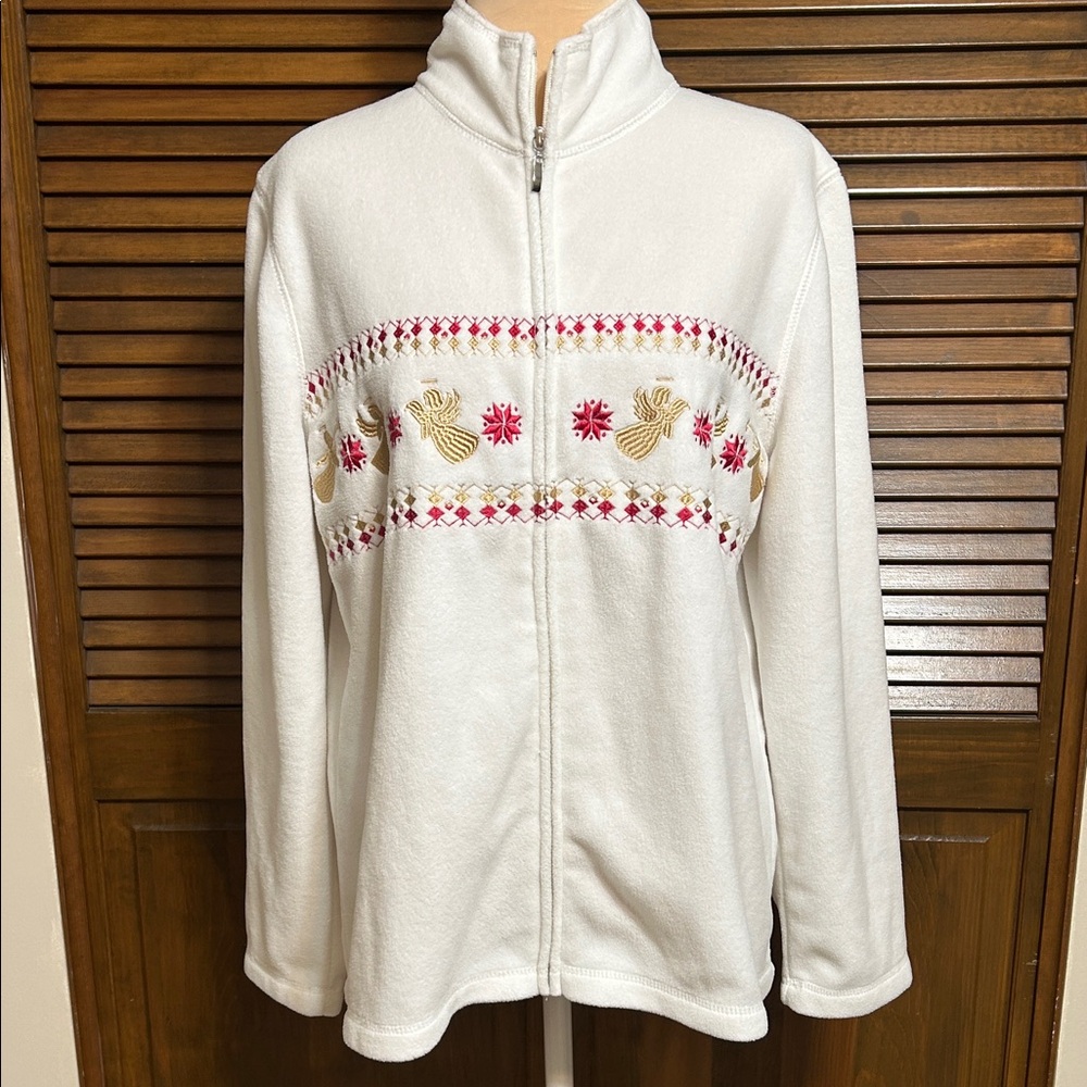 Metropolitan White Fleece Zip Up Jacket with Red Gold Embroidered Design Size M